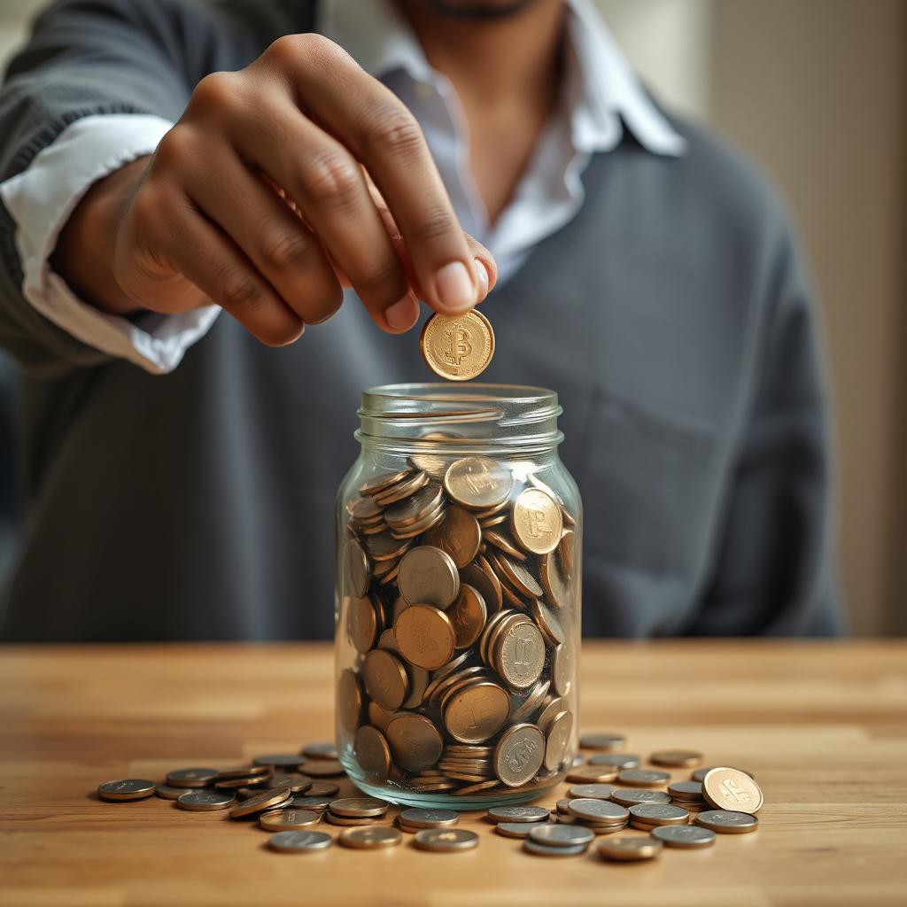 A hand dropping a coin into a jar full of coins